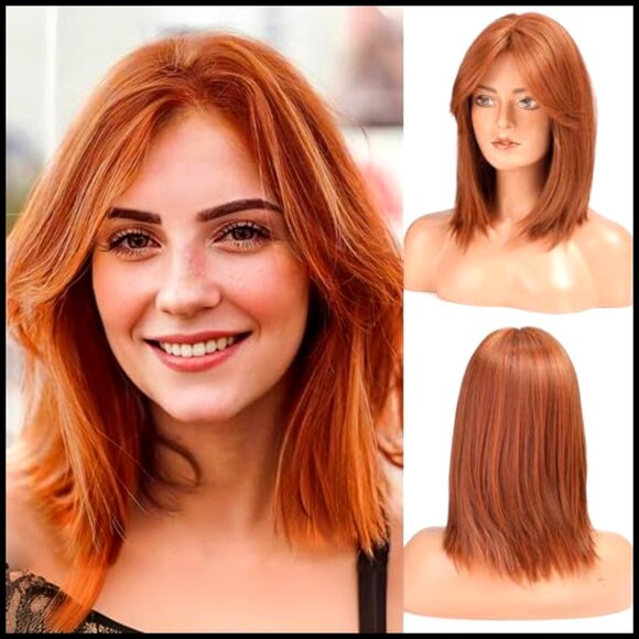 Synthetic Wig with Curtain Bangs Shoulder Length Heat Resistant Daily Use